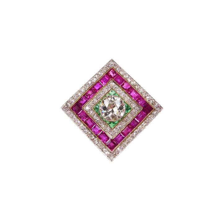 Diamond, emerald and ruby oblique square brooch-pendant